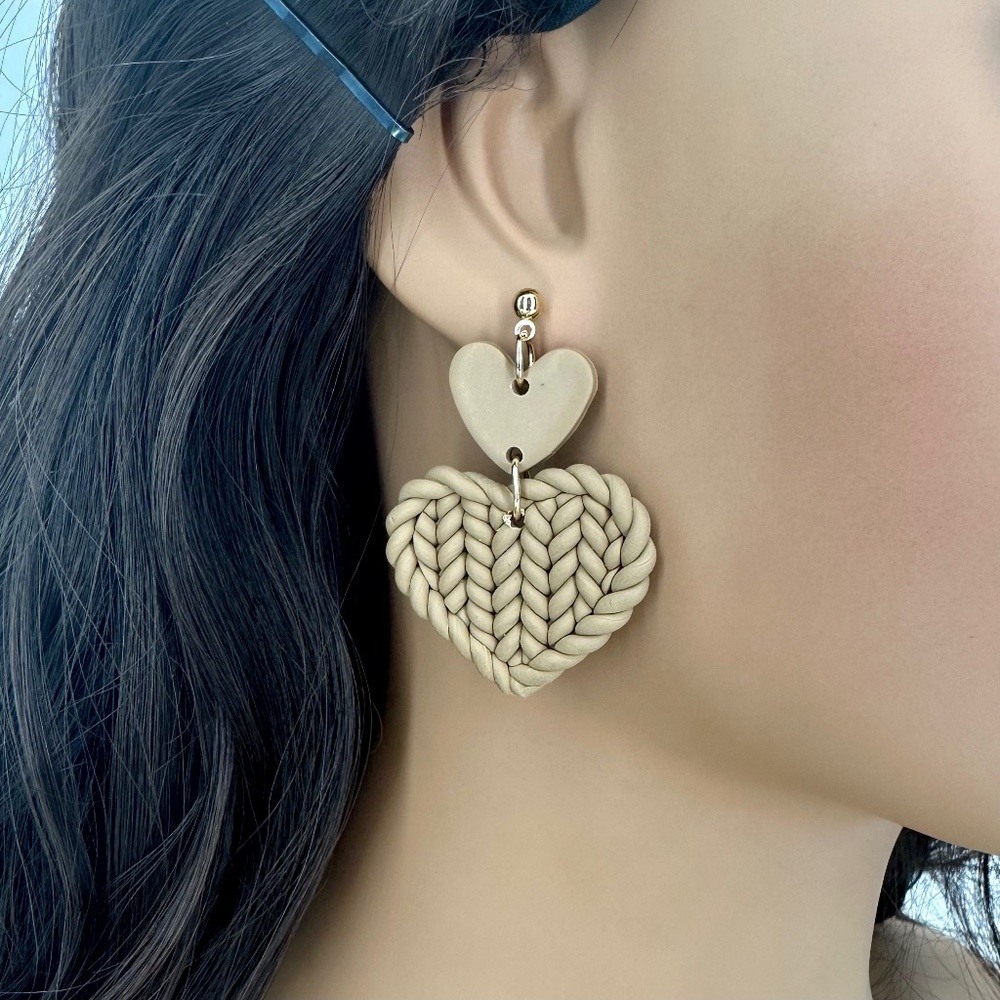 Cute Beige Braided Heart Drop Earrings